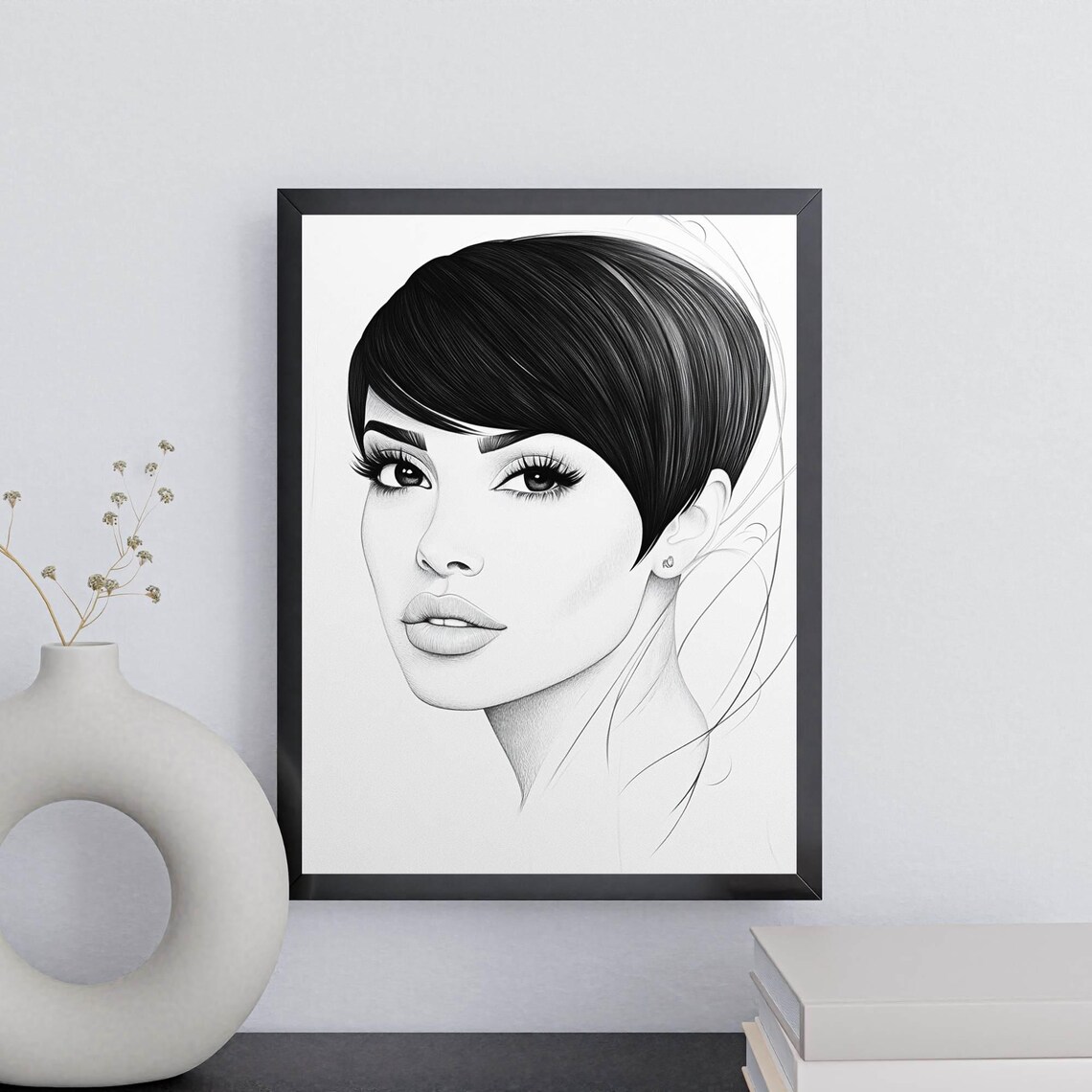 Minimalist Portrait Woman Short Black Bob Hair Elegant Fine Line Art Poster