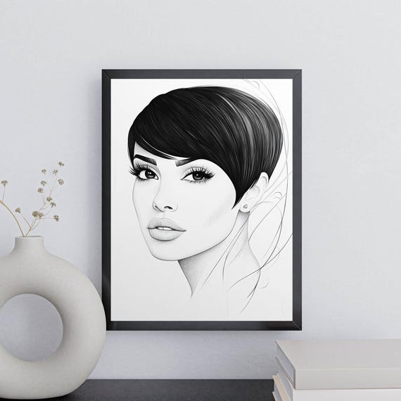 Minimalist Portrait Sketch Of Woman With Short Black Hair Elegant Line Drawing Art Print For Modern Interior Wall Decor