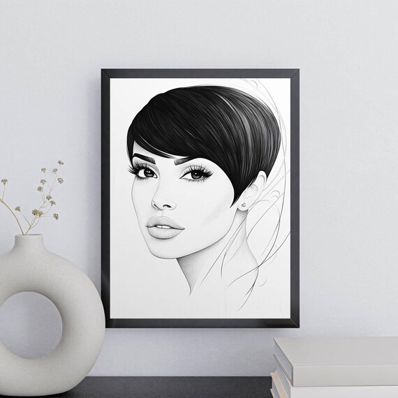 Minimalist Portrait Woman Short Black Bob Hair Elegant Fine Line Art Poster