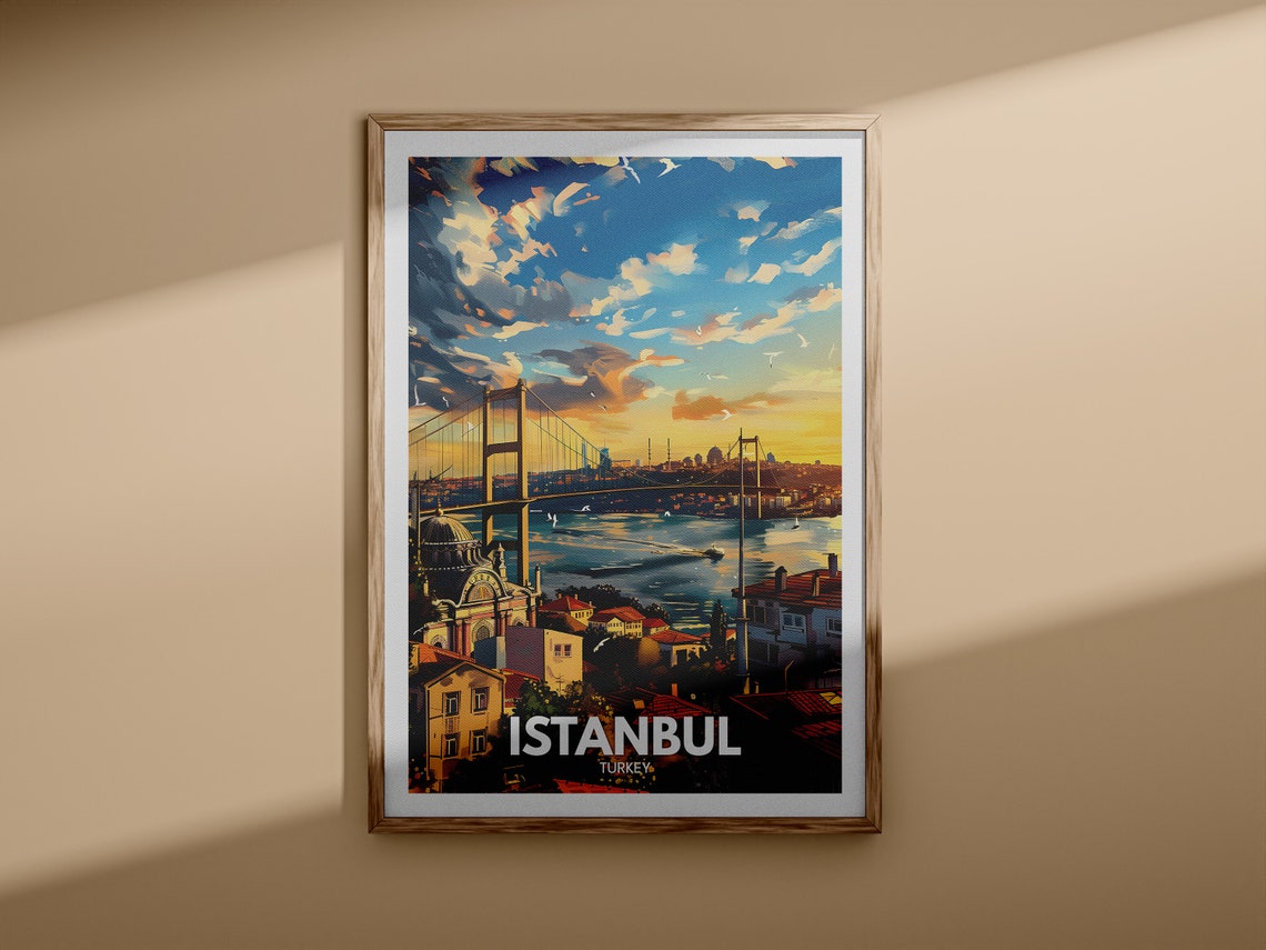 Istanbul Turkey Bosphorus Bridge Sunset Seagulls Strait Travel Poster - Image 3