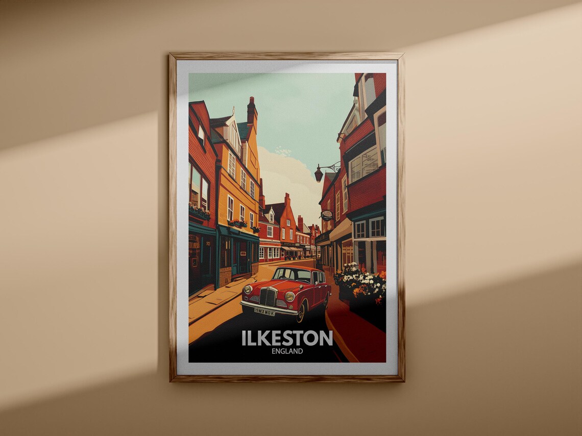 Ilkeston England Retro Street Classic Red Car City Travel Poster - Image 3