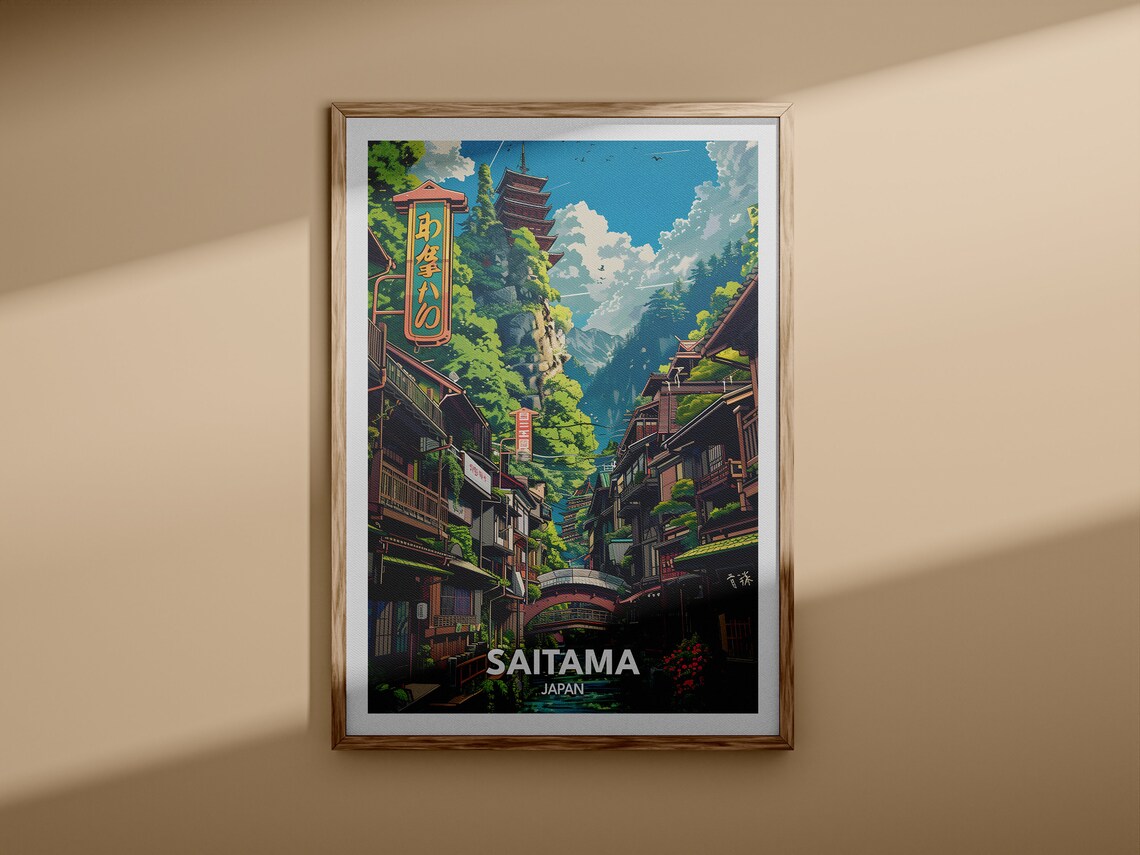 Retro Saitama Japan Anime Pagoda Mountain Town Landscape Art Wall Decor Poster - Image 3