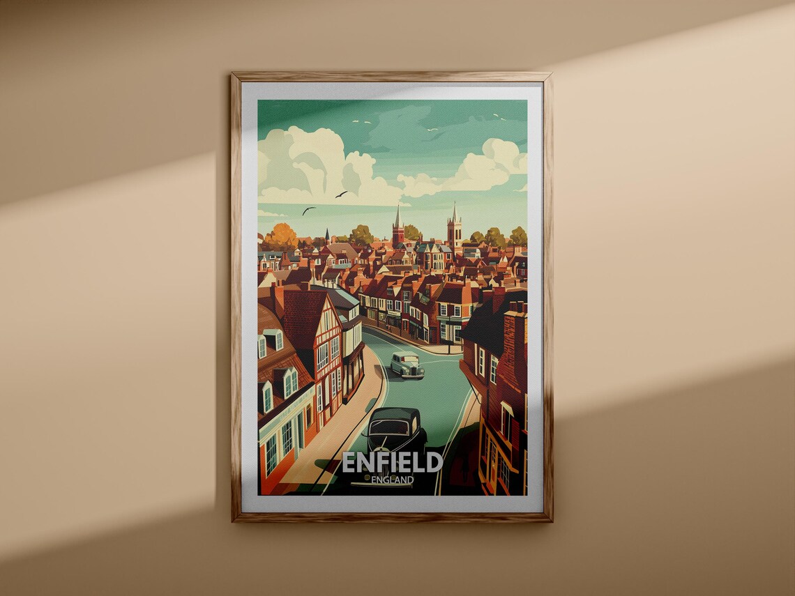 Enfield England Tudor Street Curve with Classic Cars Travel Poster - Image 3