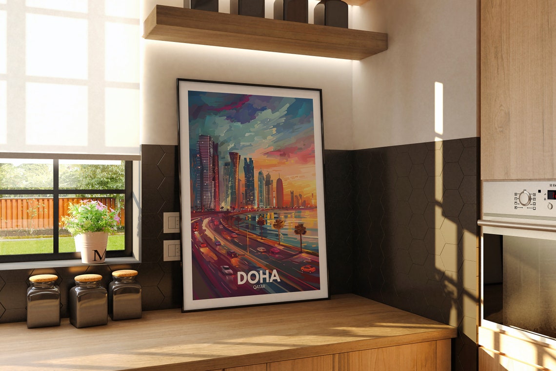 Doha Qatar Skyline Sunset Corniche Highway Waterfront Travel Poster - Image 2