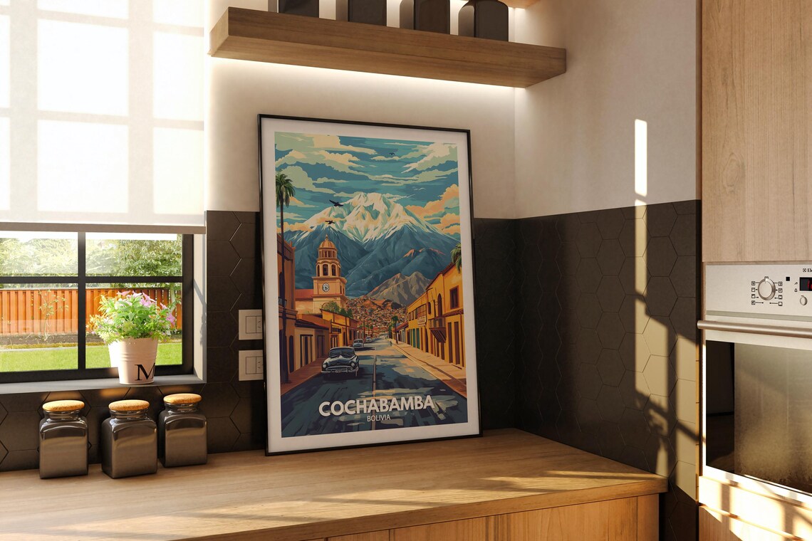 Cochabamba Colonial Street Snow Peak City Bolivia Travel Poster - Image 2