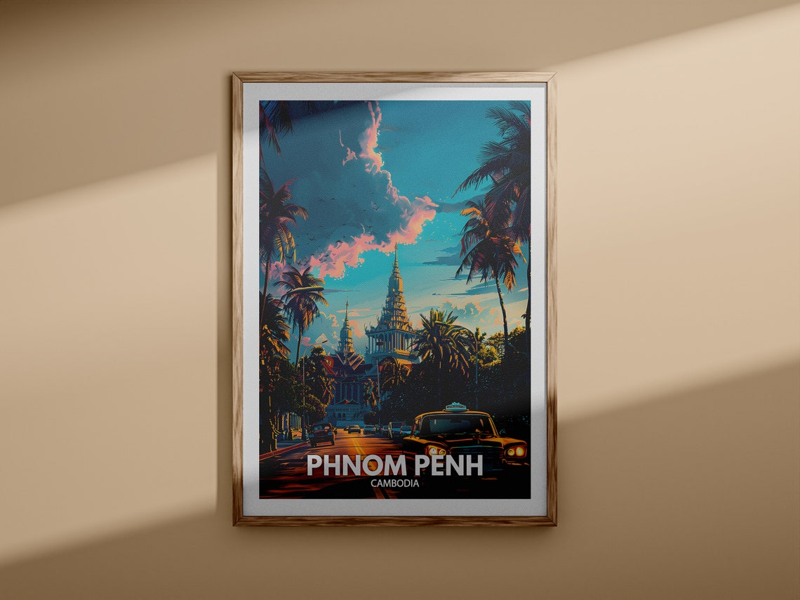 Phnom Penh Cambodia Temple Tower Palm Lined Street Night Travel Poster - Image 3