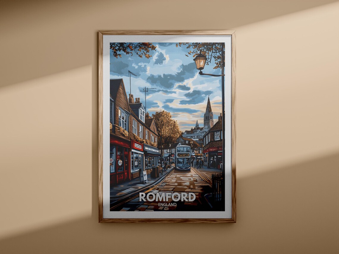 Romford England Dusk Street Bus Church Spire City Travel Poster - Image 3