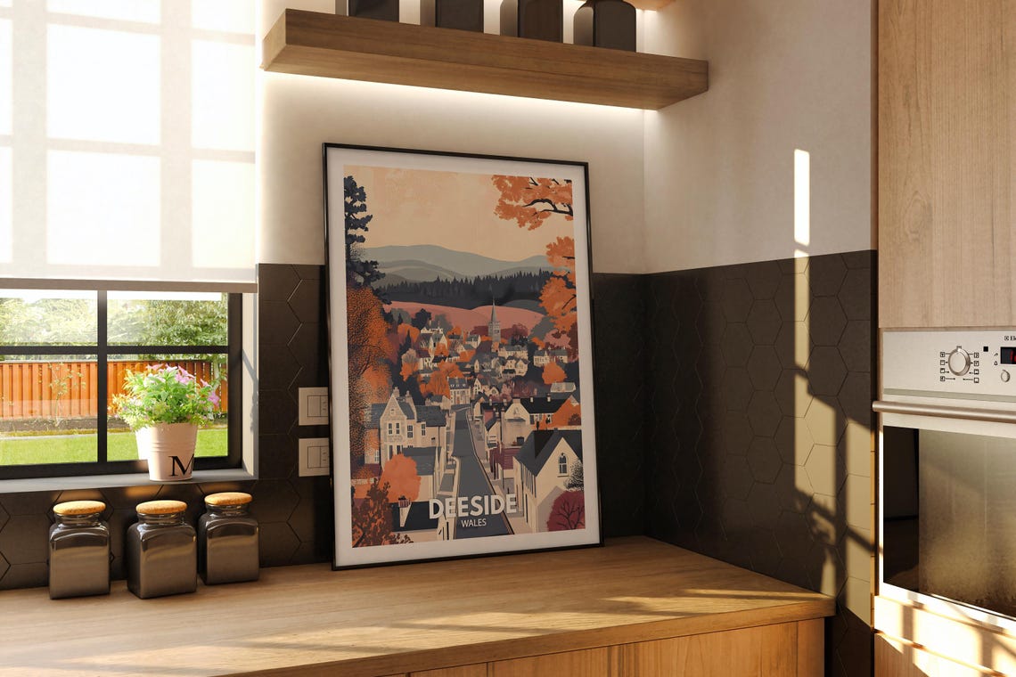 Deeside Wales Autumn Village Street Church Spire Scenic Travel Poster - Image 2