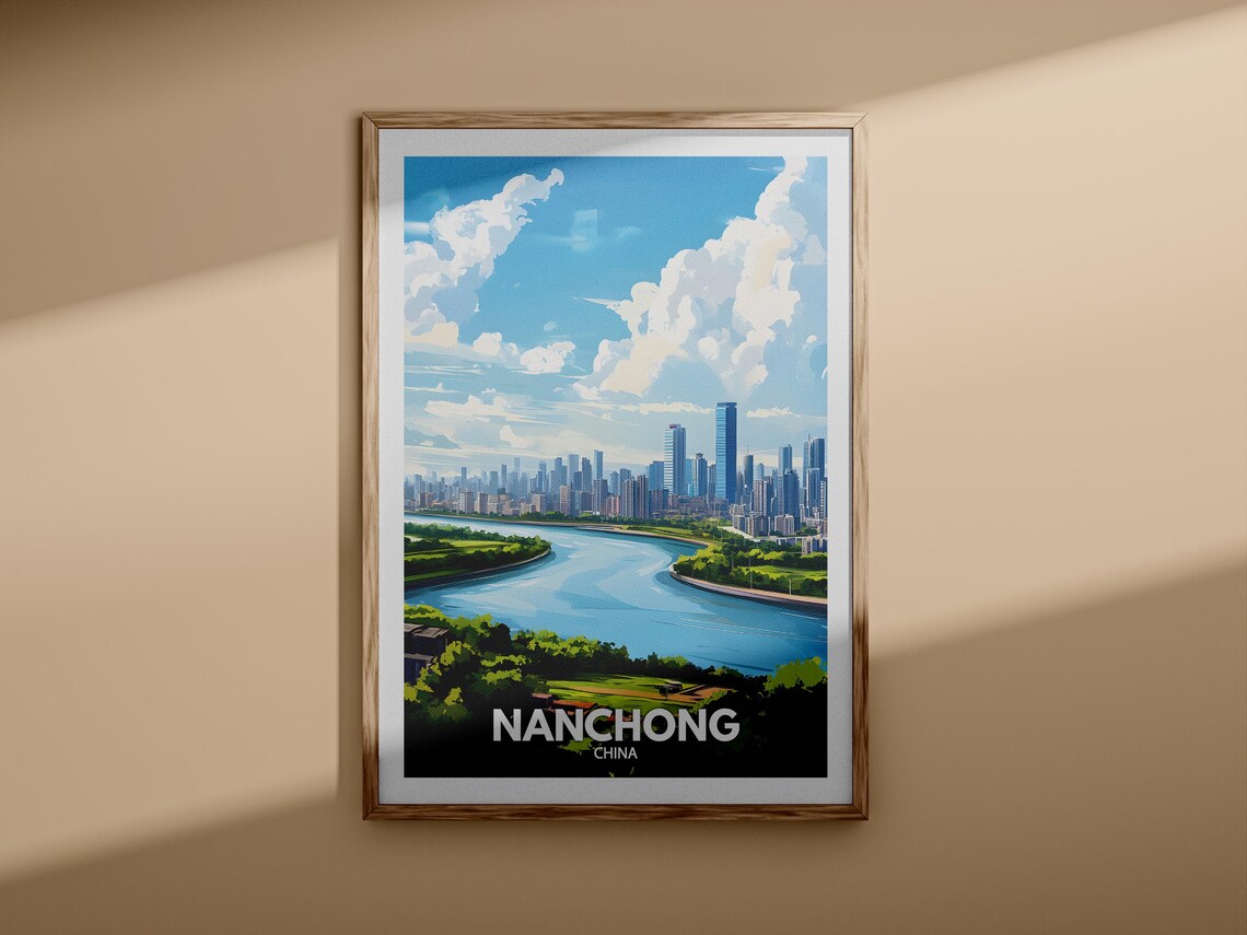 Nanchong China Riverside Skyline Modern City Retro Travel Poster - Image 3