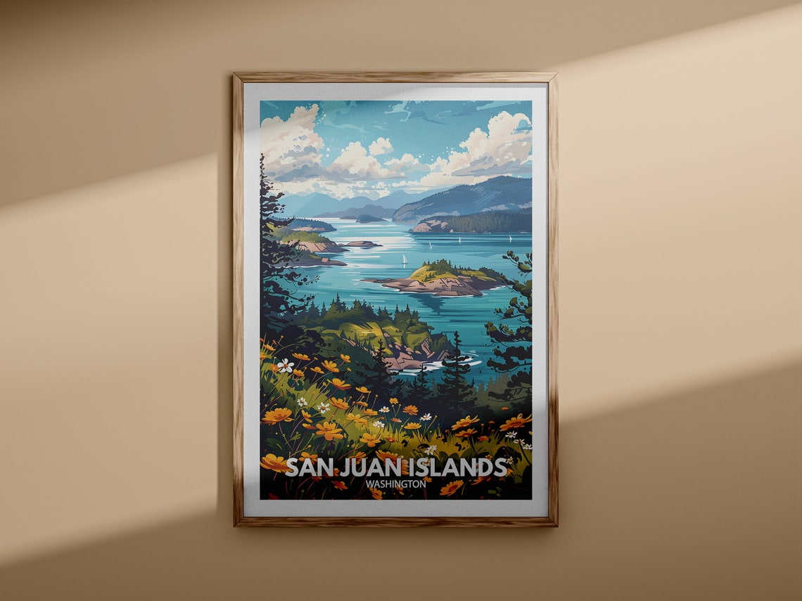 San Juan Islands Washington Sailboats Wildflower Coast Travel Poster - Image 3