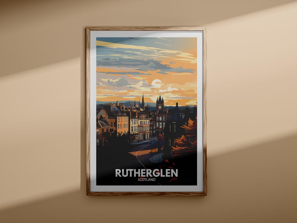 Rutherglen Scotland Sunset Town Clock Tower Golden Travel Poster - Image 3
