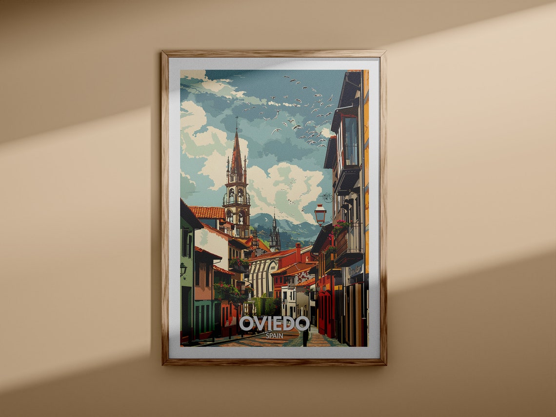 Oviedo Spain Old Town Church Tower Street Scene Travel Poster Art - Image 3