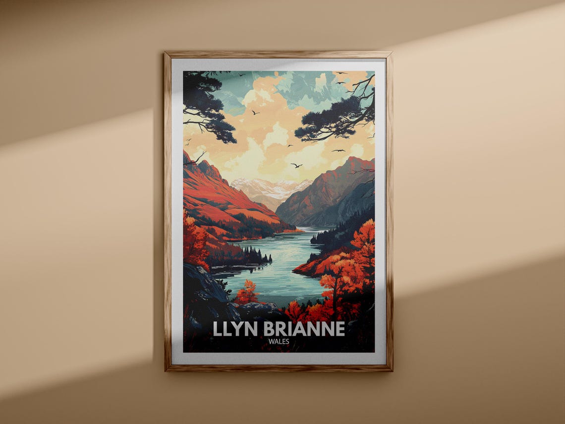 Llyn Brianne Wales Red Mountain Sunset Lake Retro Travel Poster - Image 3