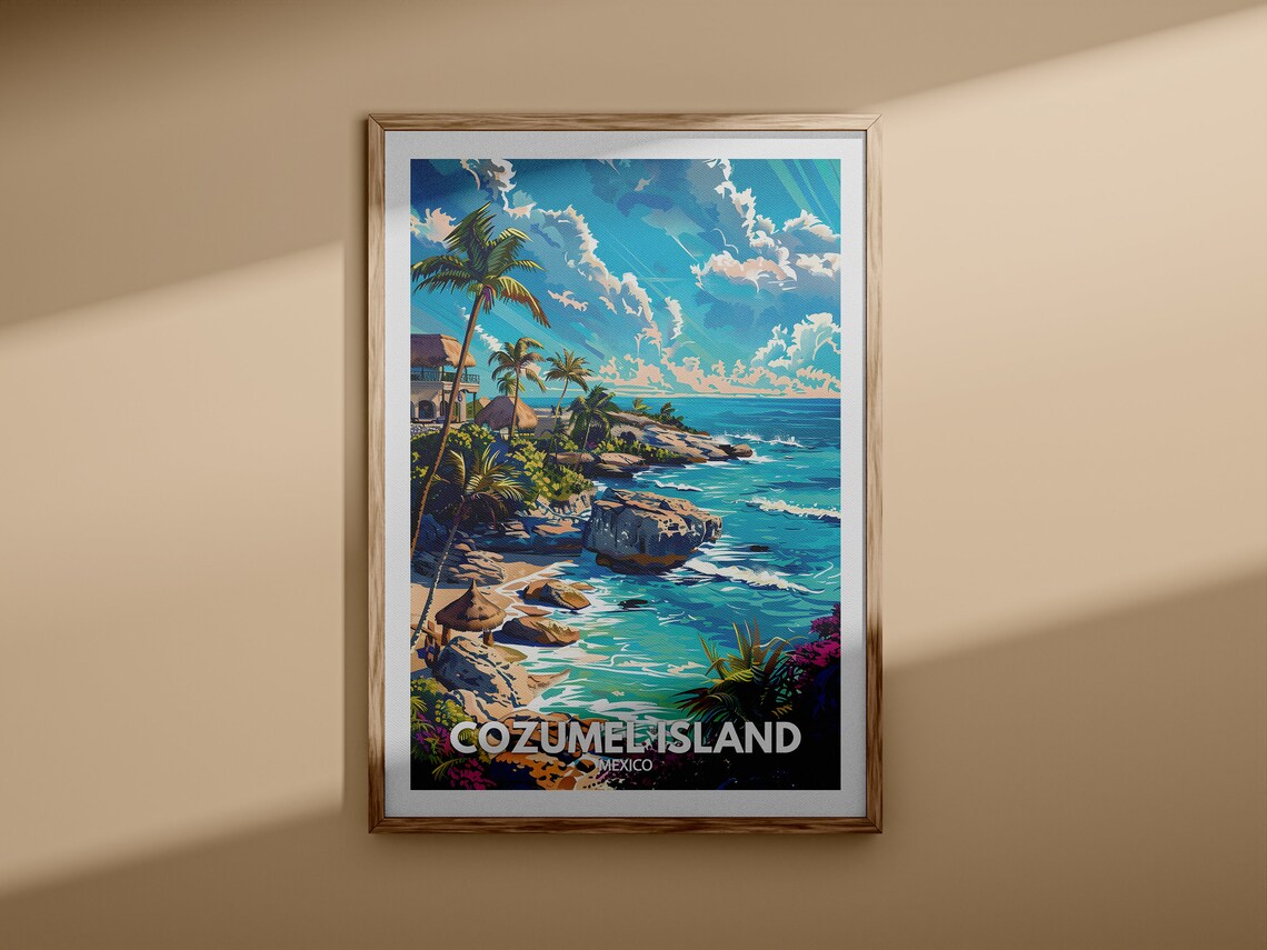 Cozumel Island Mexico Rocky Cove Palms Thatched Huts Tropical Travel Poster - Image 3
