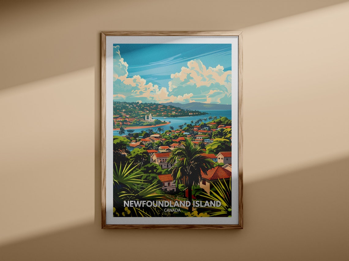 Newfoundland Island Canada Travel Poster Tropical Coastal Town Scene - Image 3