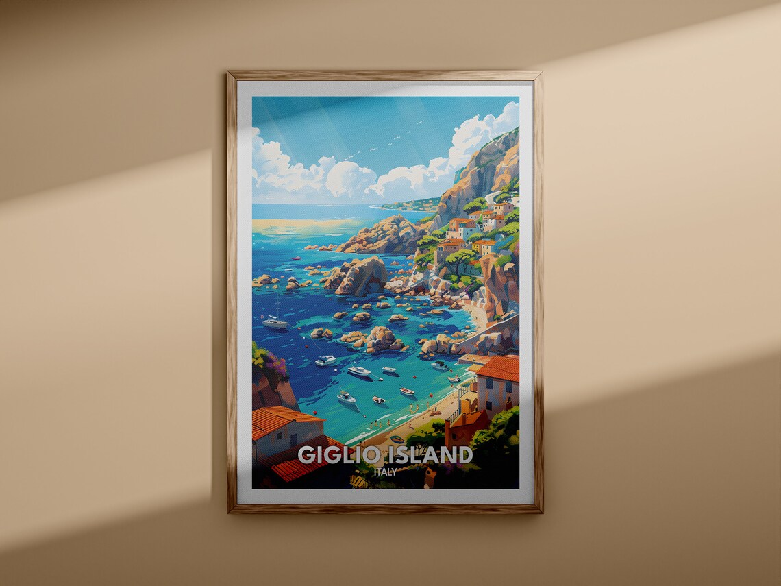Giglio Island Italy Rocky Cove Boats Clifftop Village Island Poster - Image 3