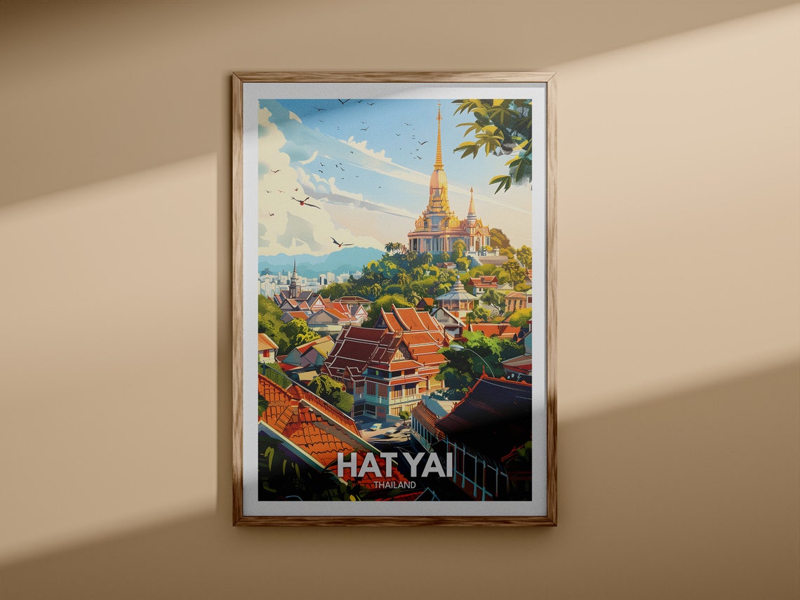 Hat Yai Thailand Golden Temple Rooftops Vintage City Travel Poster - Image 3