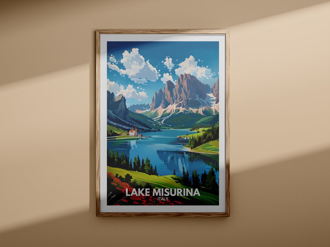 Lake Misurina Italy Alpine Peak Church Shoreline Vintage Travel Poster - Image 3