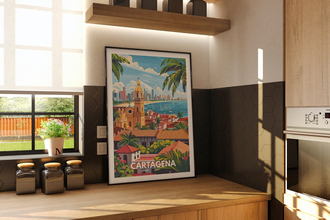 Cartagena Spain Colonial Church Bay Palm Trees Retro Travel Poster - Image 2