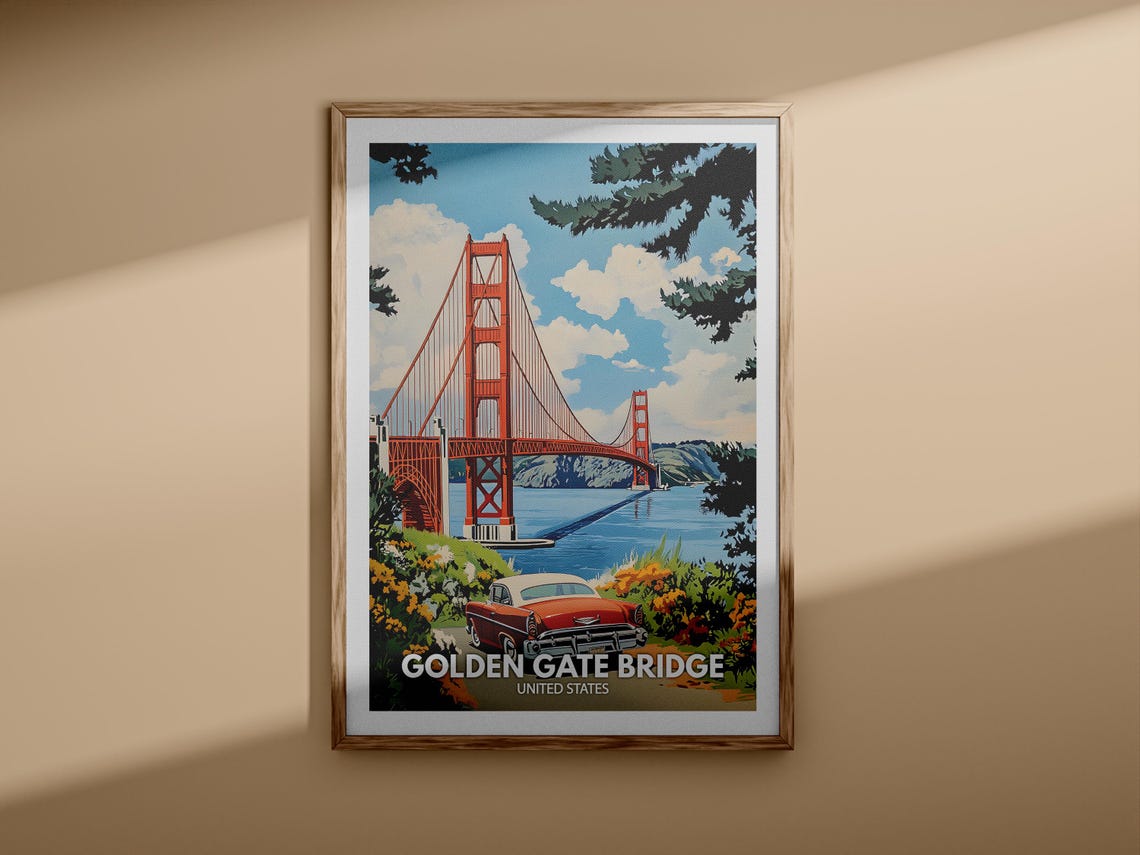 Golden Gate Bridge San Francisco Classic Red Car Vintage Travel Poster - Image 3