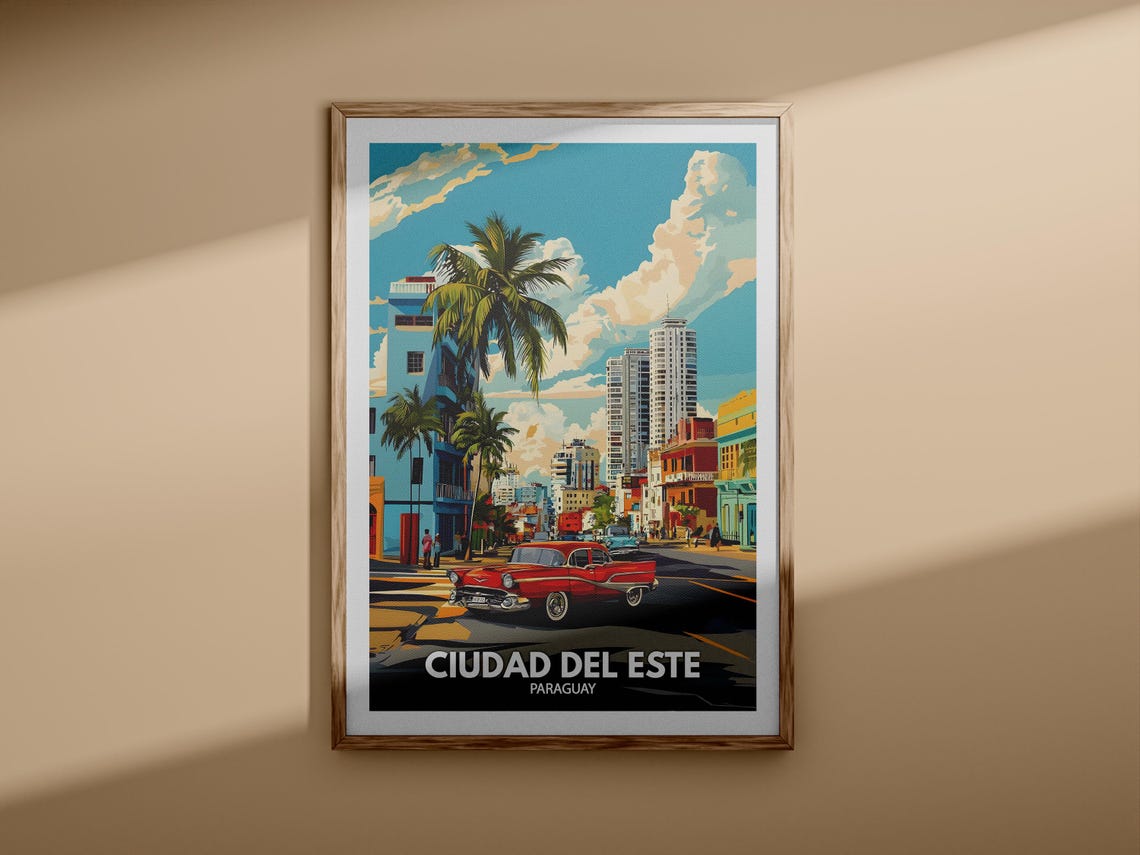 Ciudad del Este Paraguay Red Classic Car Travel Poster Artwork - Image 3