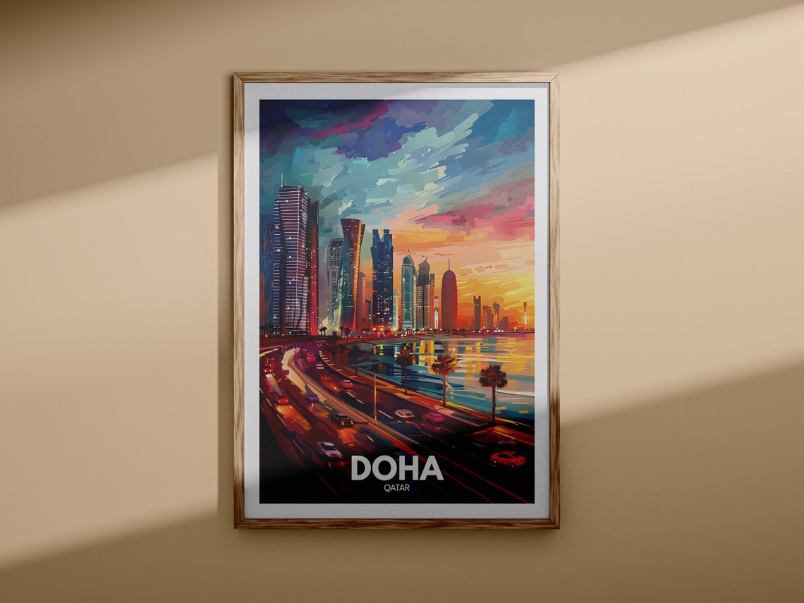 Doha Qatar Skyline Sunset Corniche Highway Waterfront Travel Poster - Image 3