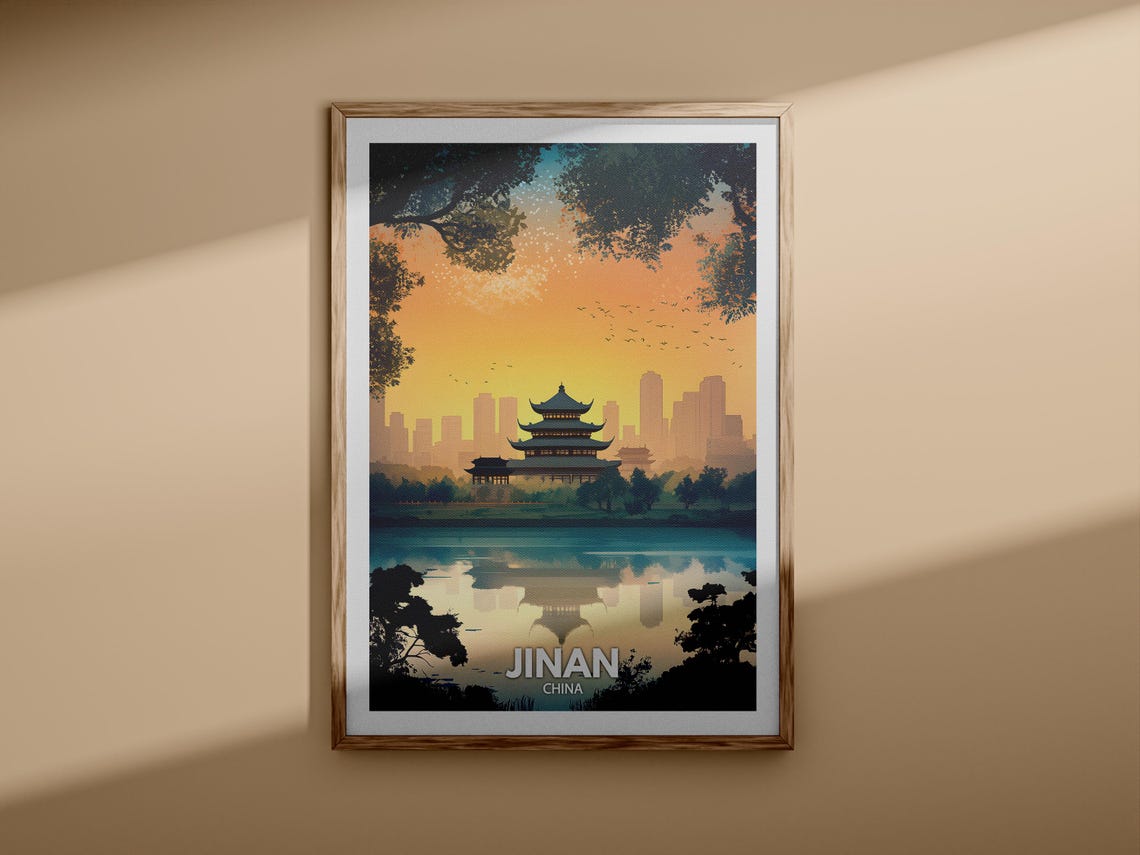 Jinan China Pagoda Lake Reflection Sunset Retro Travel Poster - Image 3