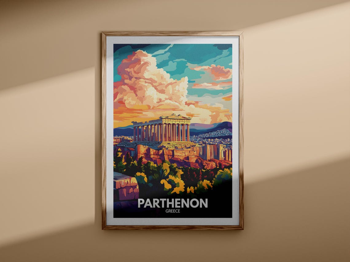 Parthenon Greece Athens Acropolis Sunset Dramatic Clouds Travel Poster - Image 3
