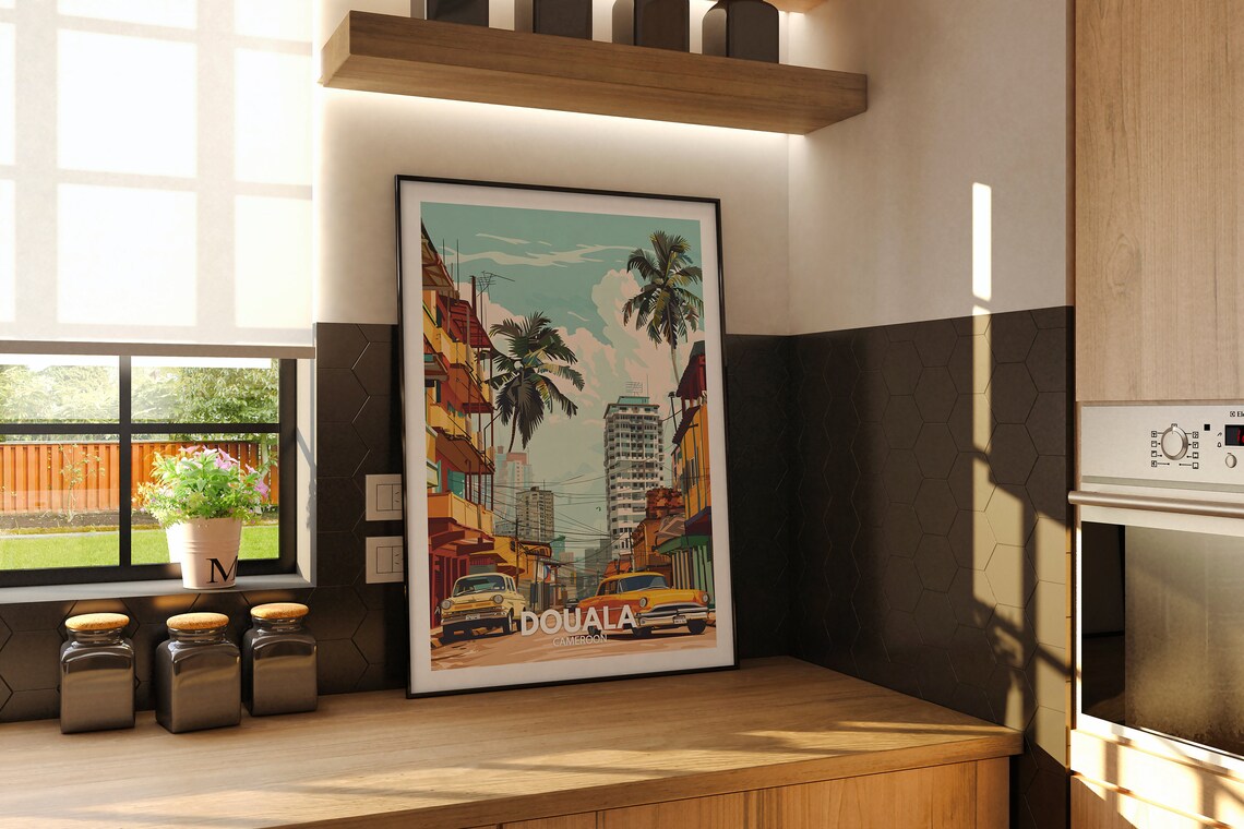 Douala Cameroon Vintage Cars Palm Street City Scene Travel Poster - Image 2