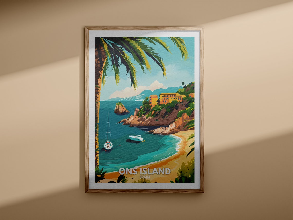 Ons Island Spain Tropical Beach Coves Palm Tree Retro Travel Poster - Image 3