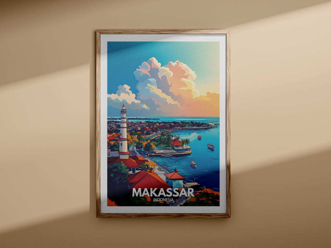 Makassar Indonesia Harbor Sunset Boats Skyline Travel Poster - Image 3