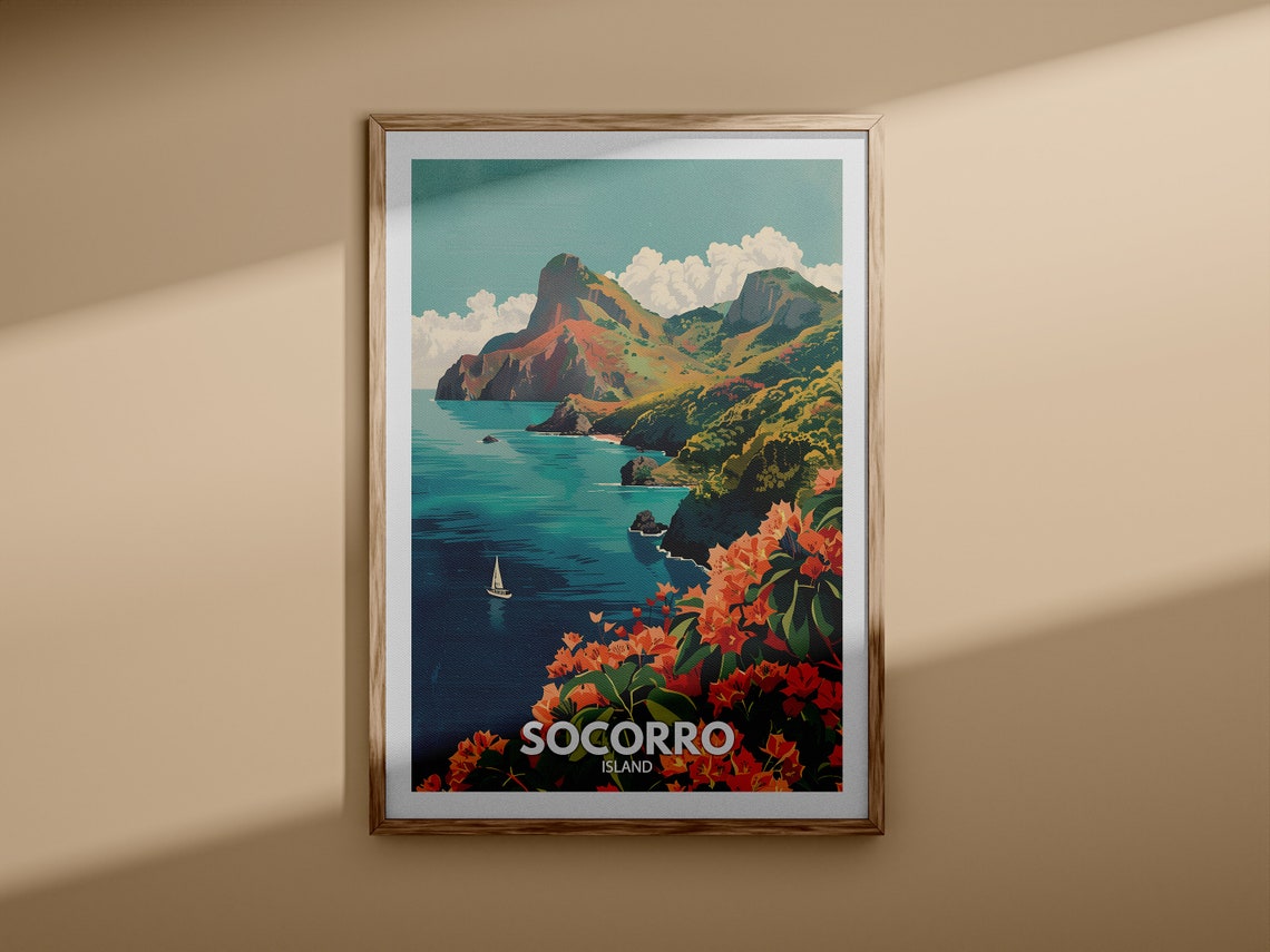 Socorro Island Volcanic Coast Sailboat Red Flowers Ocean Scenic Travel Poster - Image 3