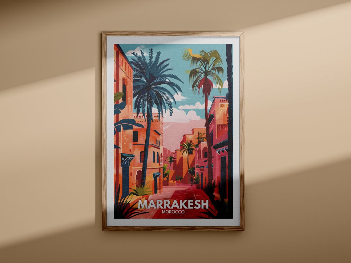 Marrakesh Morocco Old Medina Pink Streets Palm Trees Travel Art Poster - Image 3