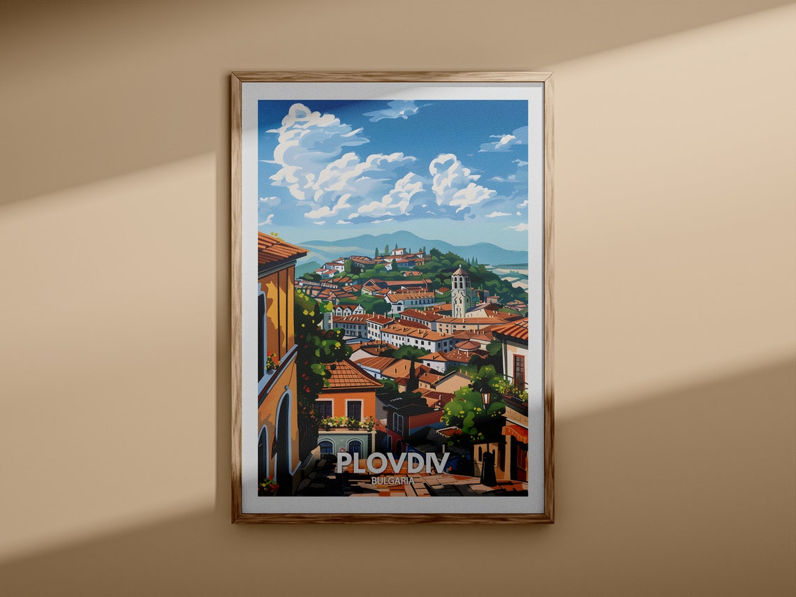 Plovdiv Bulgaria Old Town Rooftops Vintage Travel Poster Illustration - Image 3