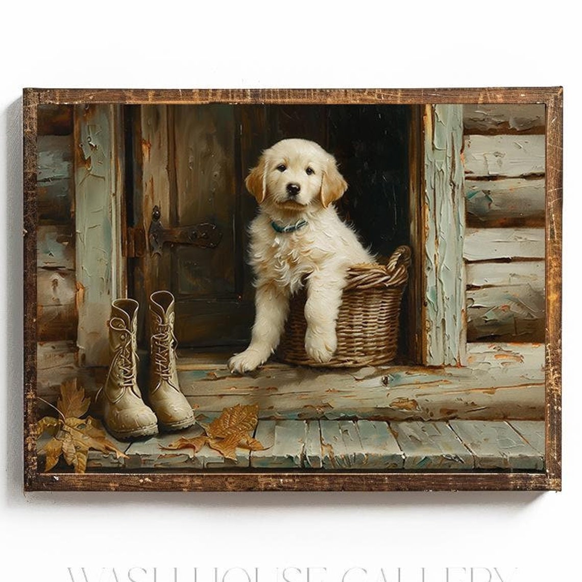 Golden Retriever Puppy in a Basket on a Rustic Cabin Porch Poster