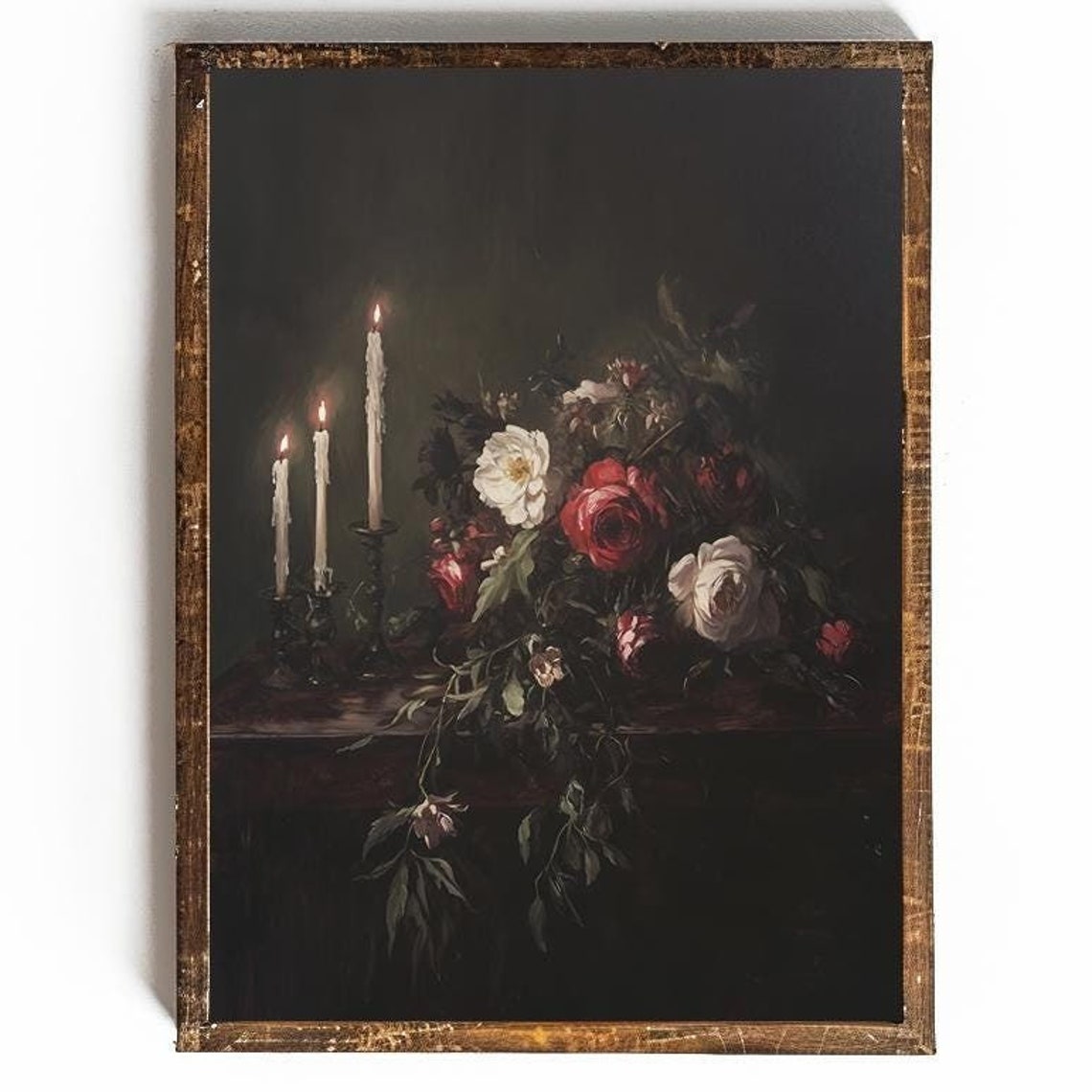 Three Lit Candles with Red and White Roses Dark Still Life Poster