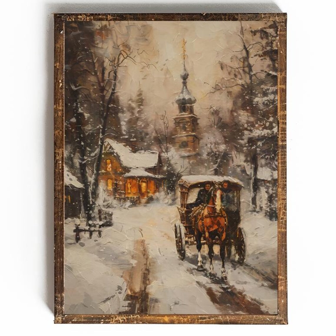 Horse Drawn Sleigh in Snowy Village Church Winter Scene Poster