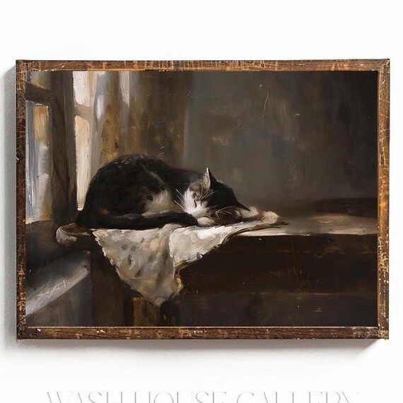 Sleeping Cat By Window In Vintage Oil Painting Style Art Poster