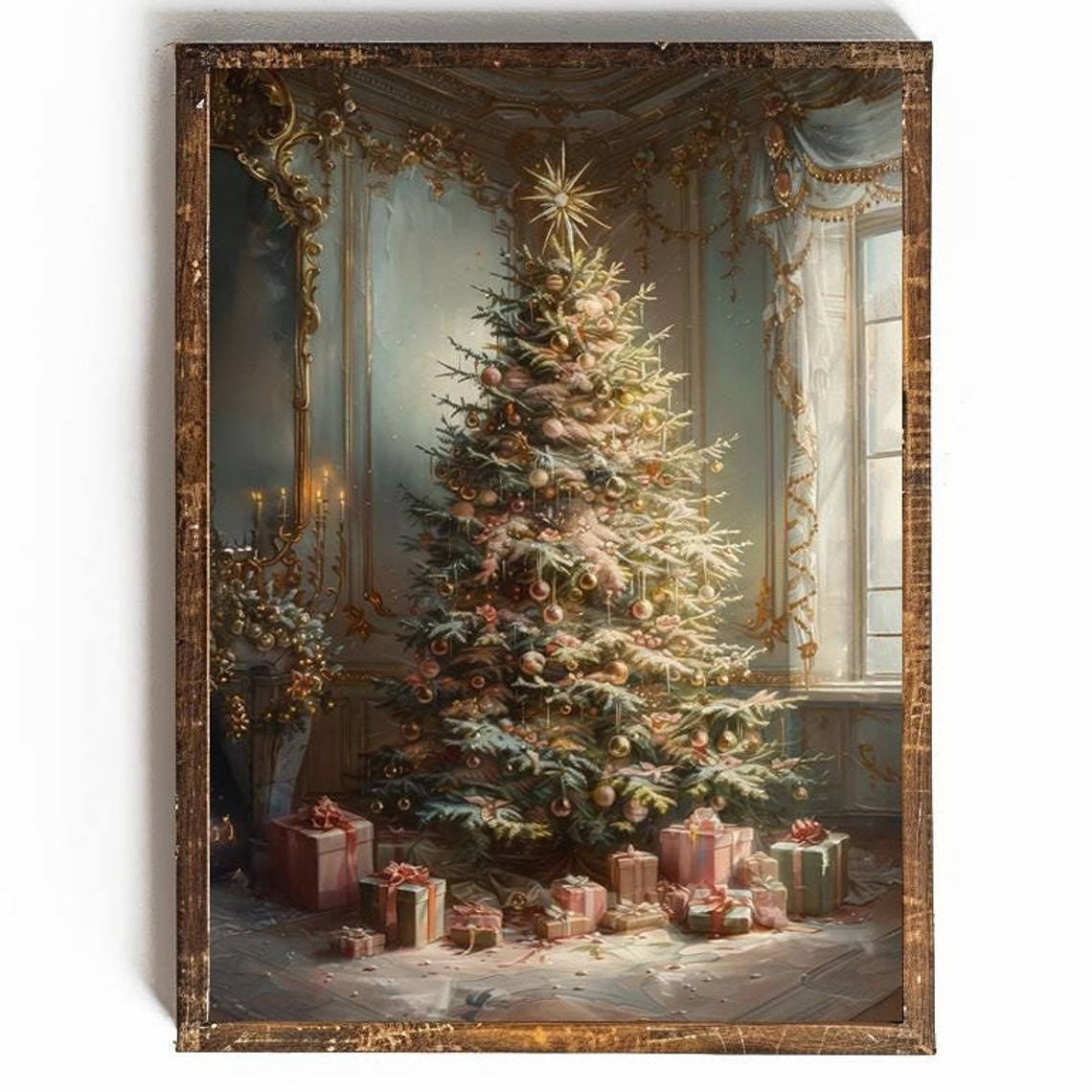 Pink and Gold Christmas Tree in Elegant Parlor Holiday Art Poster