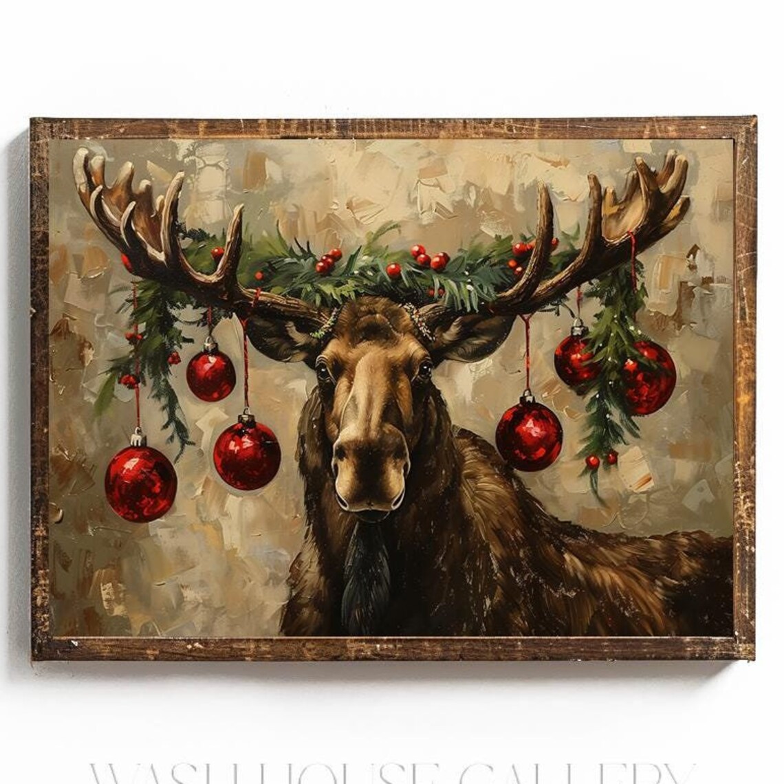 Funny Moose with Christmas Ornaments on Antlers Holiday Poster