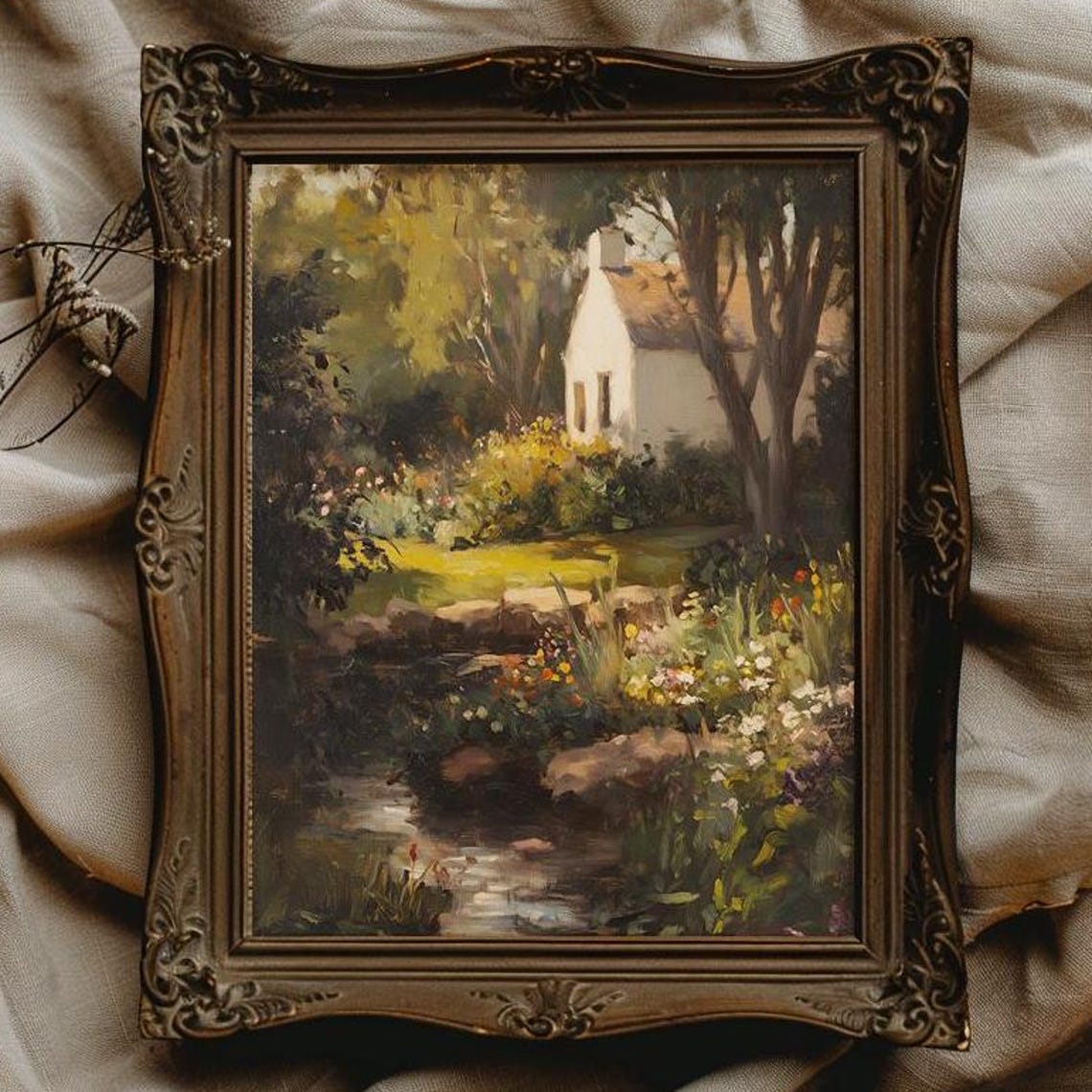 Sunlit White Cottage Garden with a Flowering Stream Vintage Poster