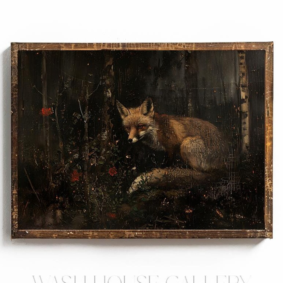 Red Fox in a Dark Forest Vintage Woodland Night Scene Poster