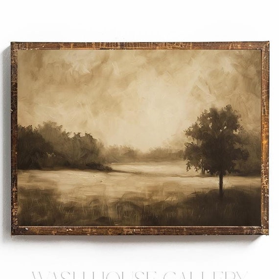 Moody Landscape Art Dark Cottagecore Wall Art Brown Tone Wall Art Moody Brown Landscape Painting Print Farm Painting Farmhouse Art
