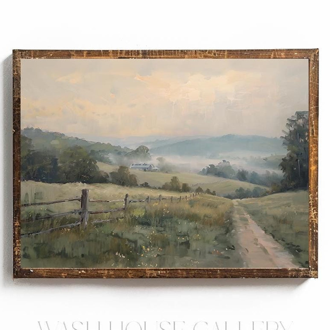 Morning Fog Over Rolling Farm Hills Along a Country Dirt Road Poster