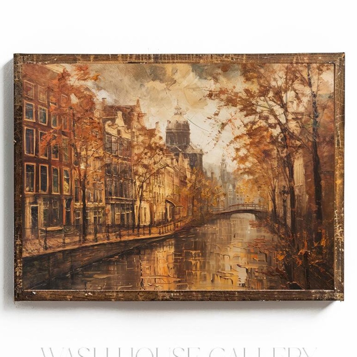 Amsterdam Canal Street In Golden Autumn Vintage Oil Painting Poster