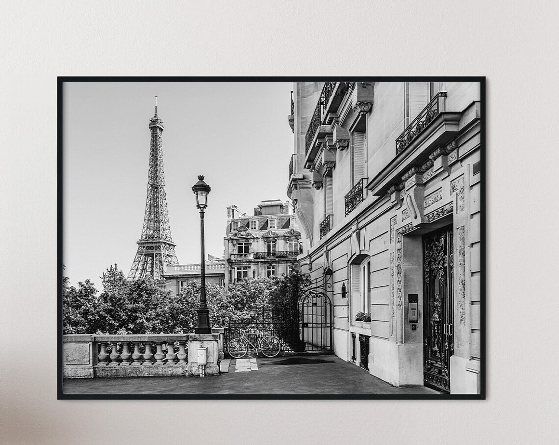 Eiffel Tower Paris Street Scene Black and White Photo Poster
