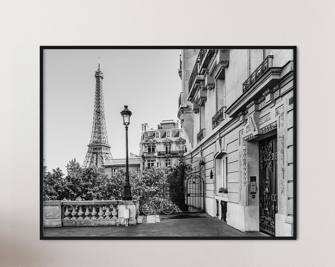 Eiffel Tower Black and White Paris Street Lamp Photo Art Poster
