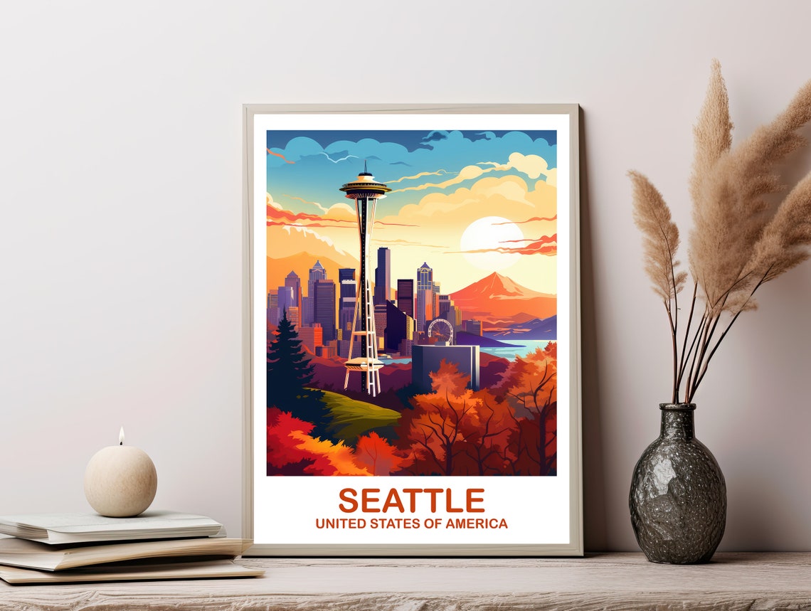Seattle Space Needle Sunset Skyline Mountain View Travel Poster - Image 3