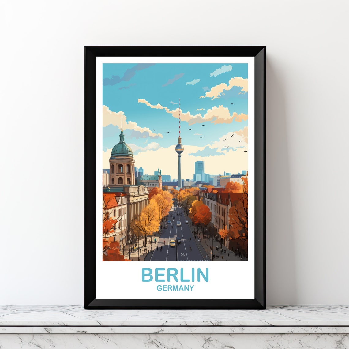 Berlin Germany TV Tower Cathedral Autumn Street Travel Art Poster