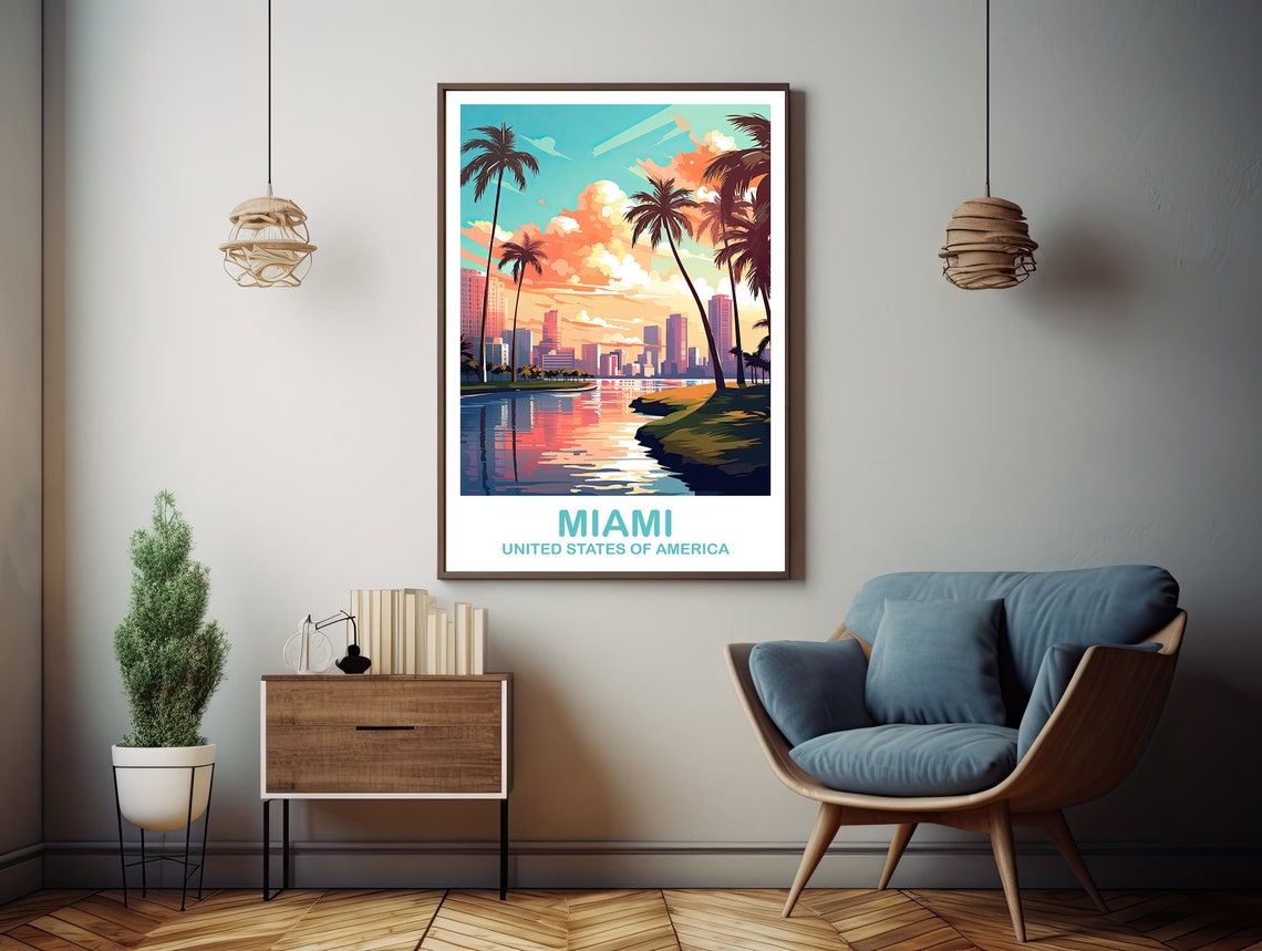 Miami Florida Sunset Skyline Palm Tree Retro Vintage Travel Poster - Image 2